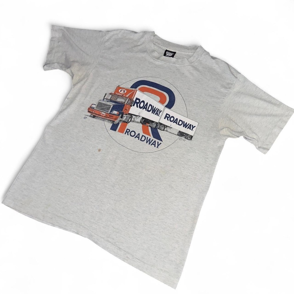 Vintage 80s Screen Stars Roadway Semi Truck Graphic Tee Faded Gray Heather M/L